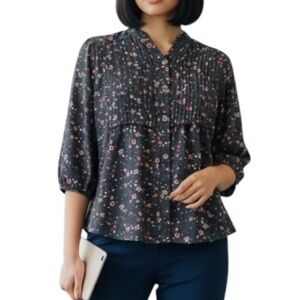 Matilda Jane Medium Floral Pleated Boho Shirt Ditsy Floral Ruffle Blue Casual